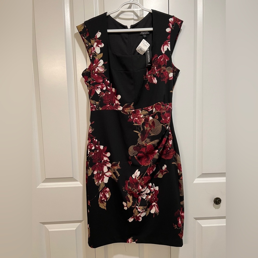 Le Chateau Black and Burgundy Floral Midi Dress